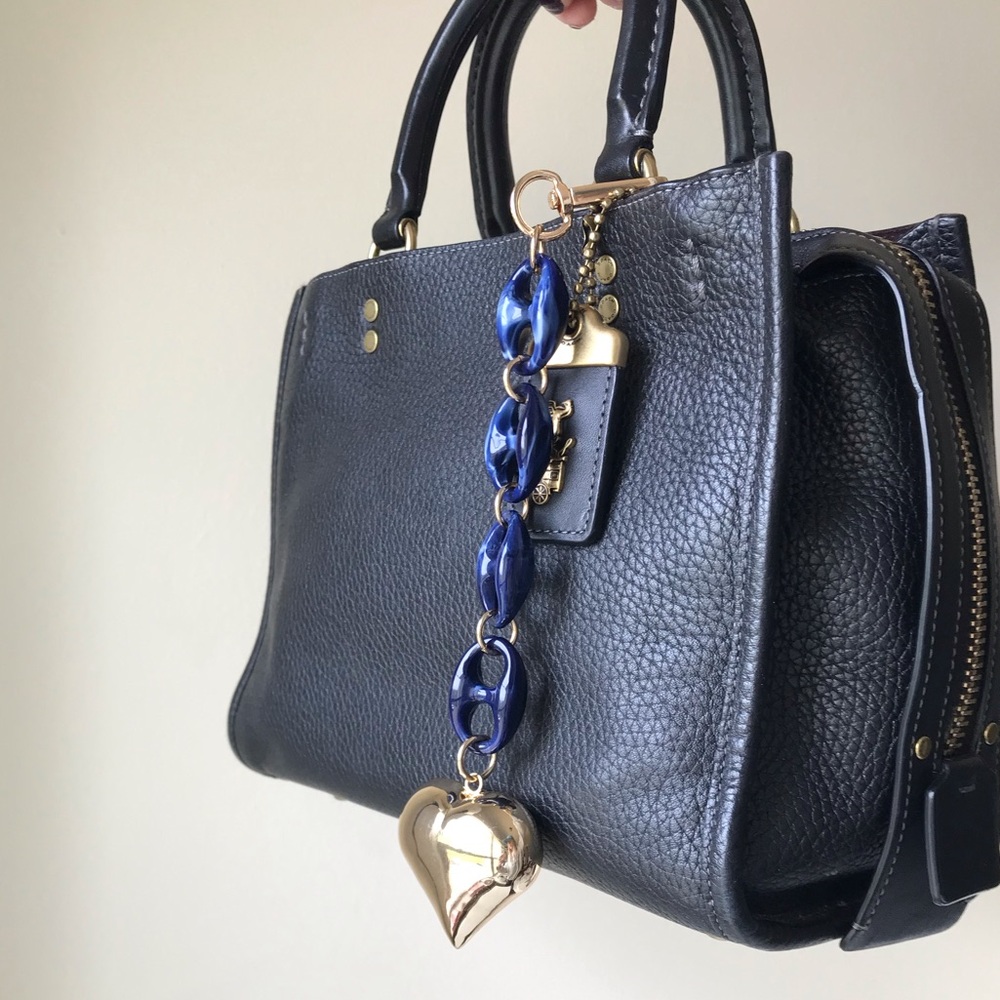 Gold Puffy Heart Blue Resin Chain Link Bag Charm